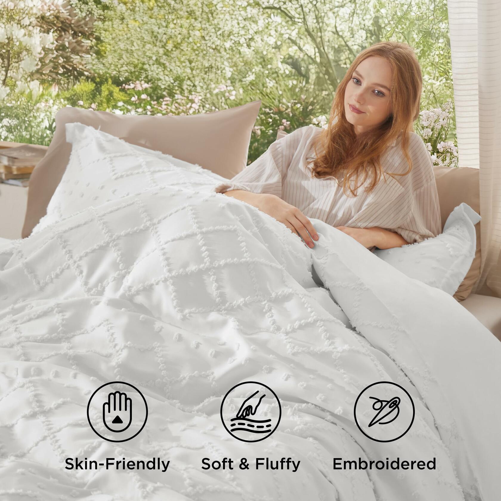 Bedsure Boho Duvet Cover Set Queen 90x90 White 1 Cover 2 Shams Zipper