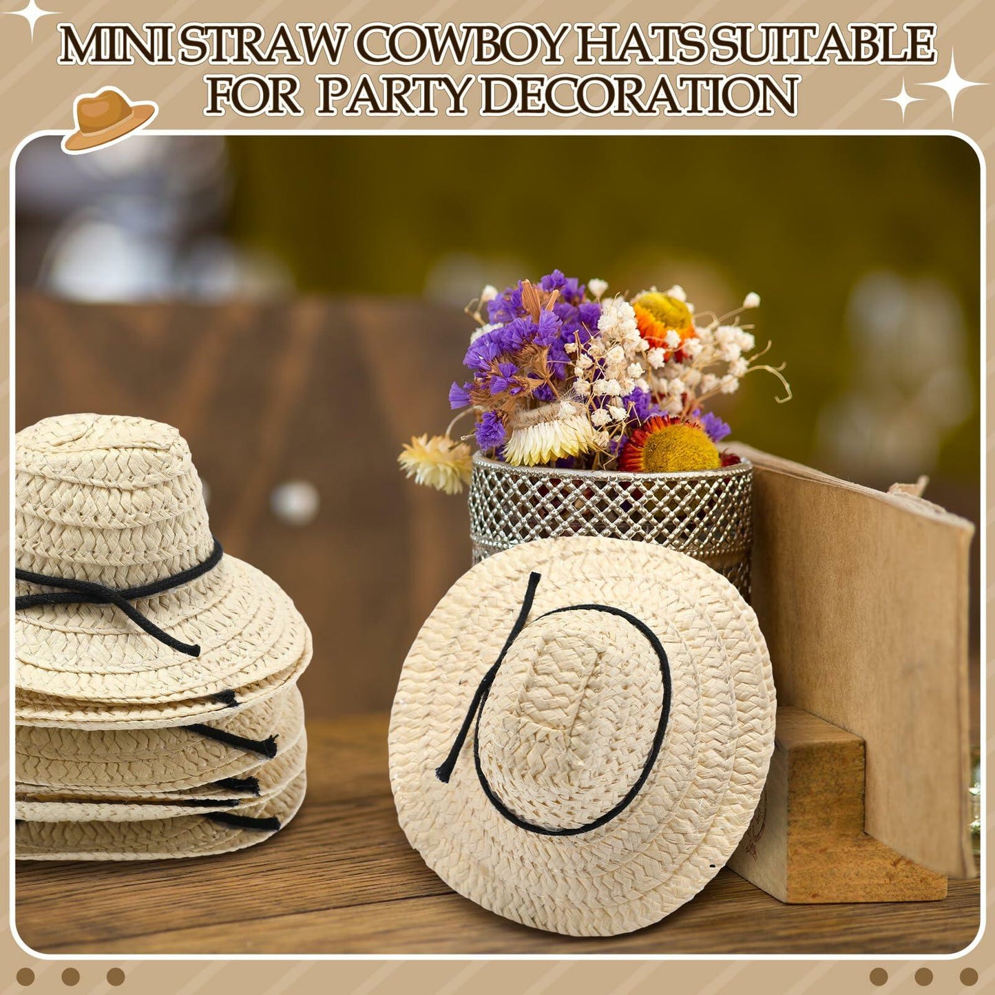 Cutecrop 12 Pcs Mini Cowboy Straw Doll Hats 4.72" Western Party Milk White Black