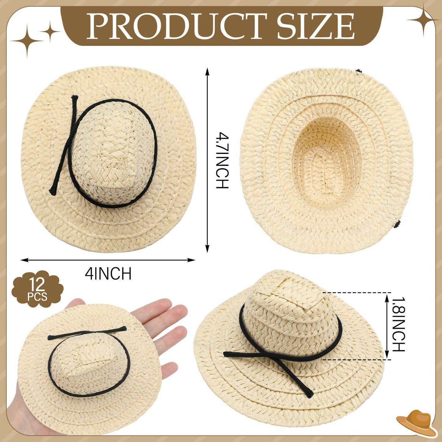 Cutecrop 12 Pcs Mini Cowboy Straw Doll Hats 4.72" Western Party Milk White Black