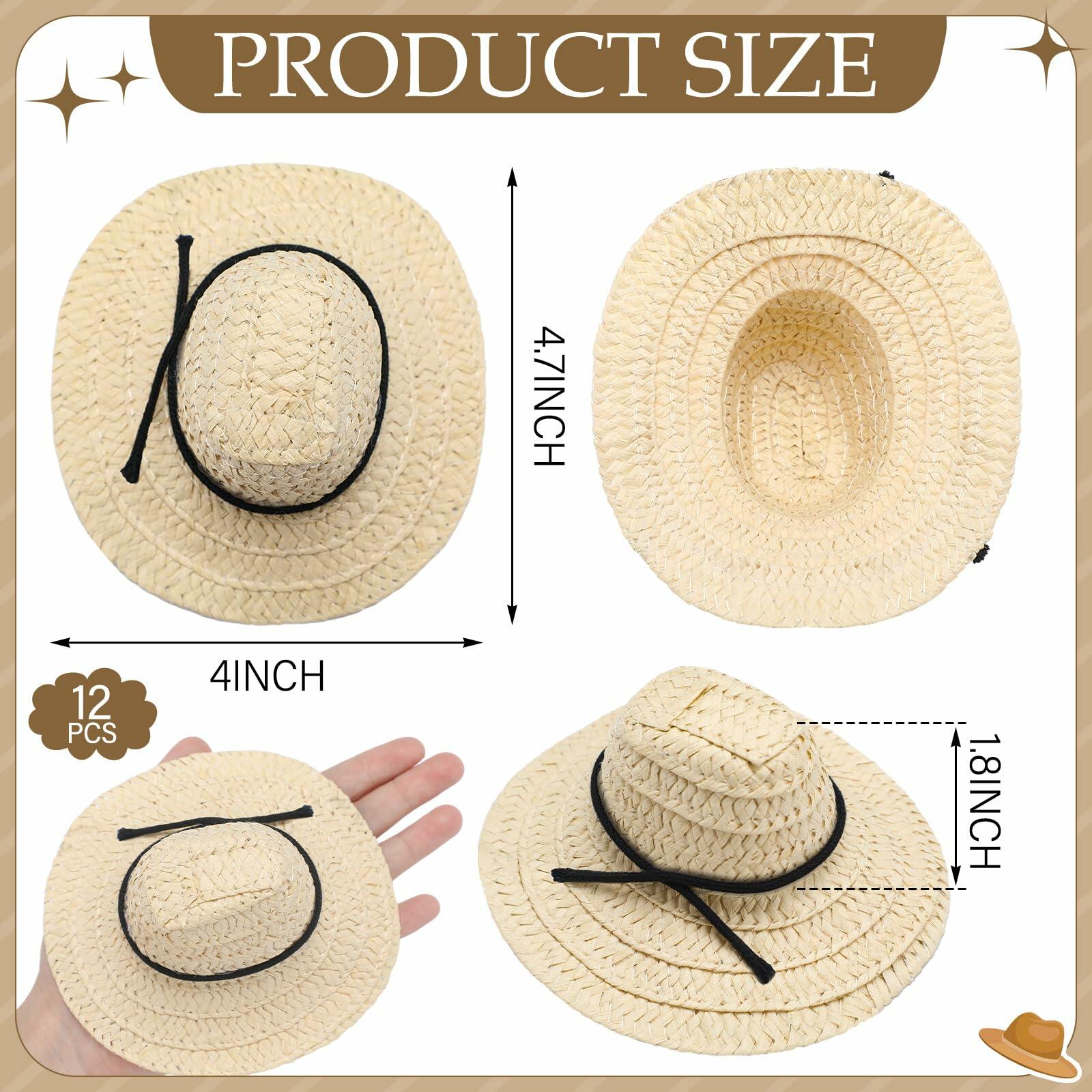 Cutecrop 12 Pcs Mini Cowboy Straw Doll Hats 4.72" Western Party Milk White Black