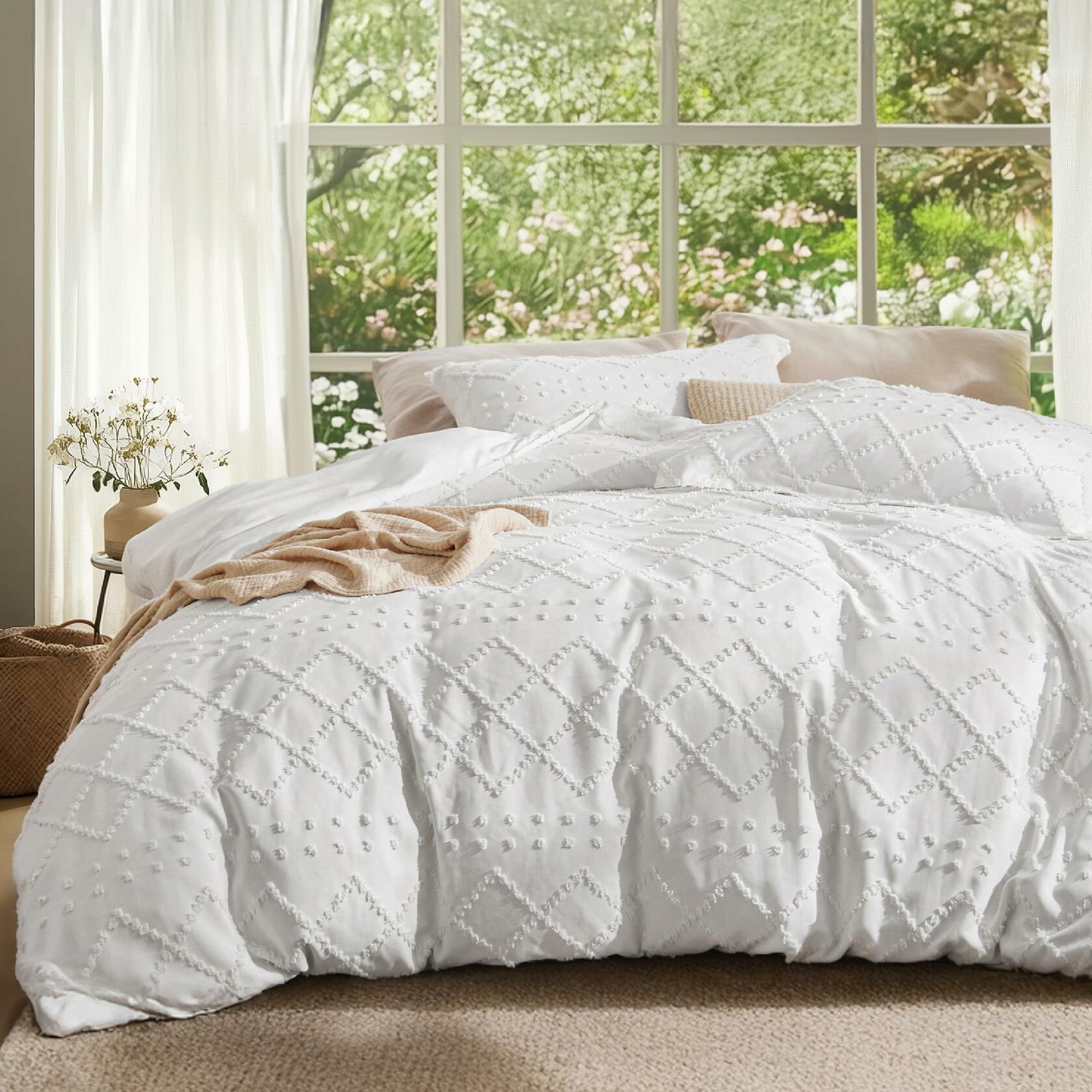 Bedsure Boho Duvet Cover Set Queen 90x90 White 1 Cover 2 Shams Zipper