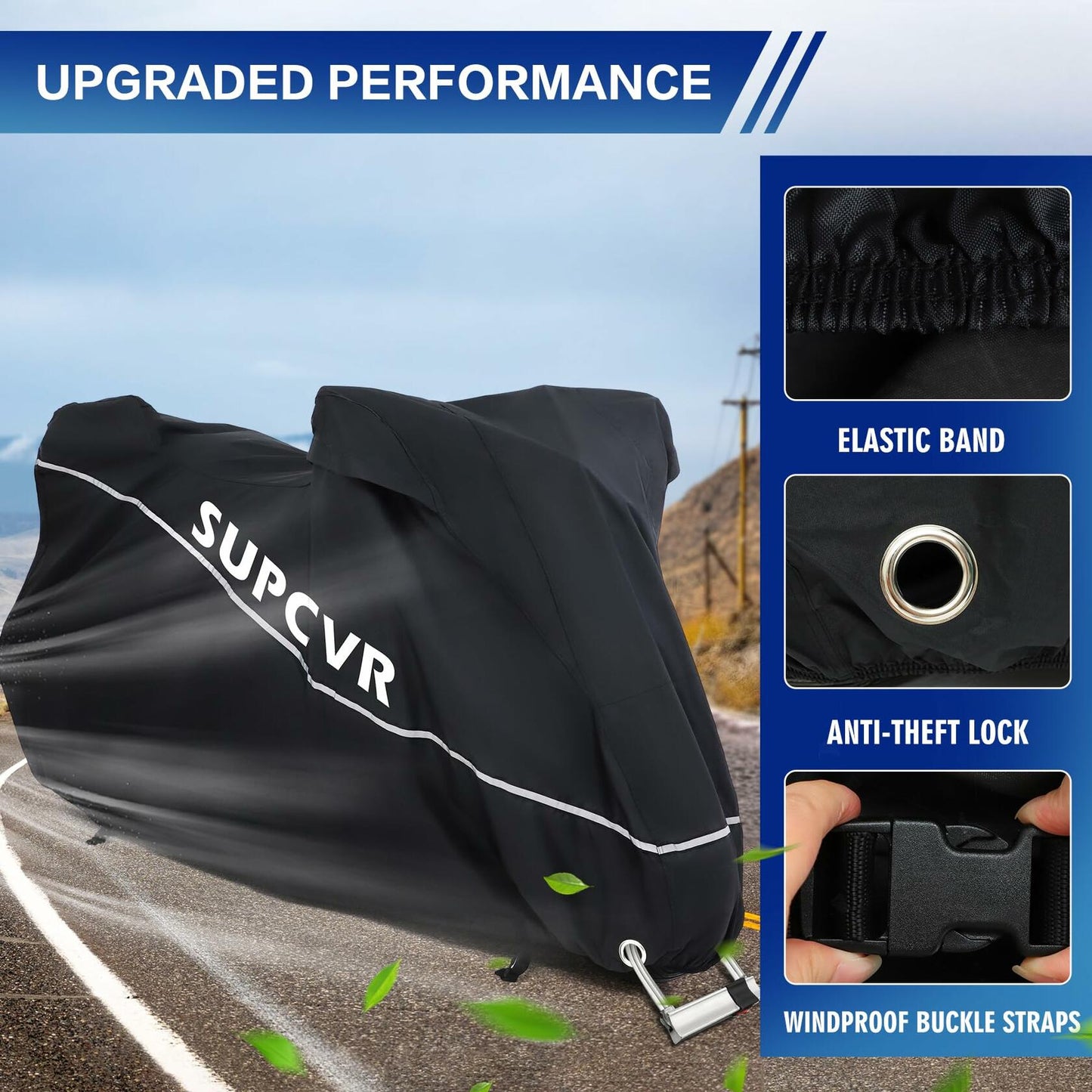 SUPCVR Motorcycle Cover Heavy Duty Waterproof UV-Proof Reflective Strips Black