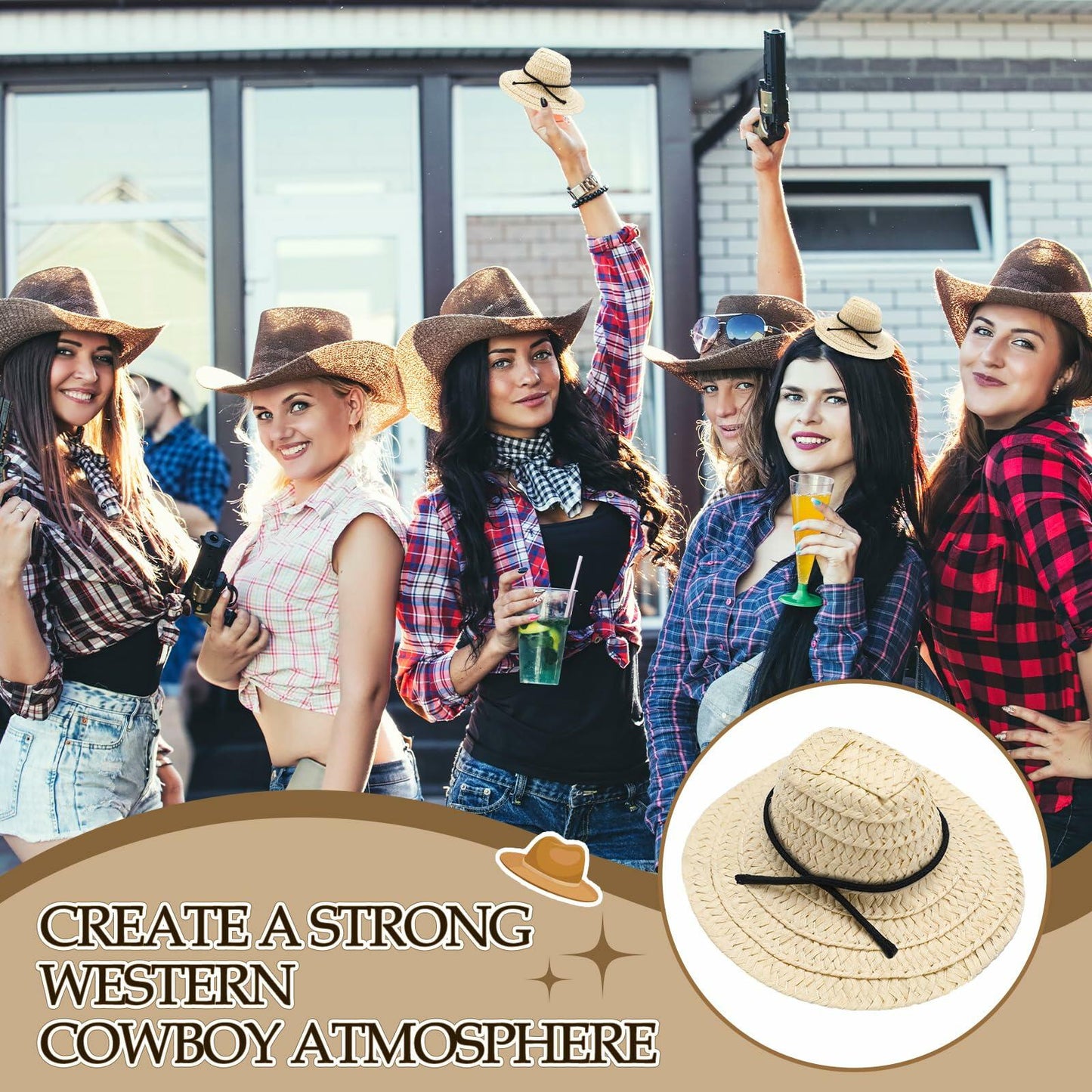 Cutecrop 12 Pcs Mini Cowboy Straw Doll Hats 4.72" Western Party Milk White Black