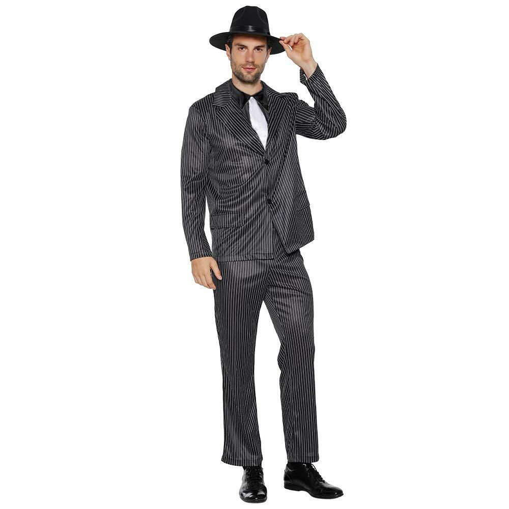EraSpooky Men's 1920s Gangster Pinstripe Suit Jacket Pants Shirt Tie Size L