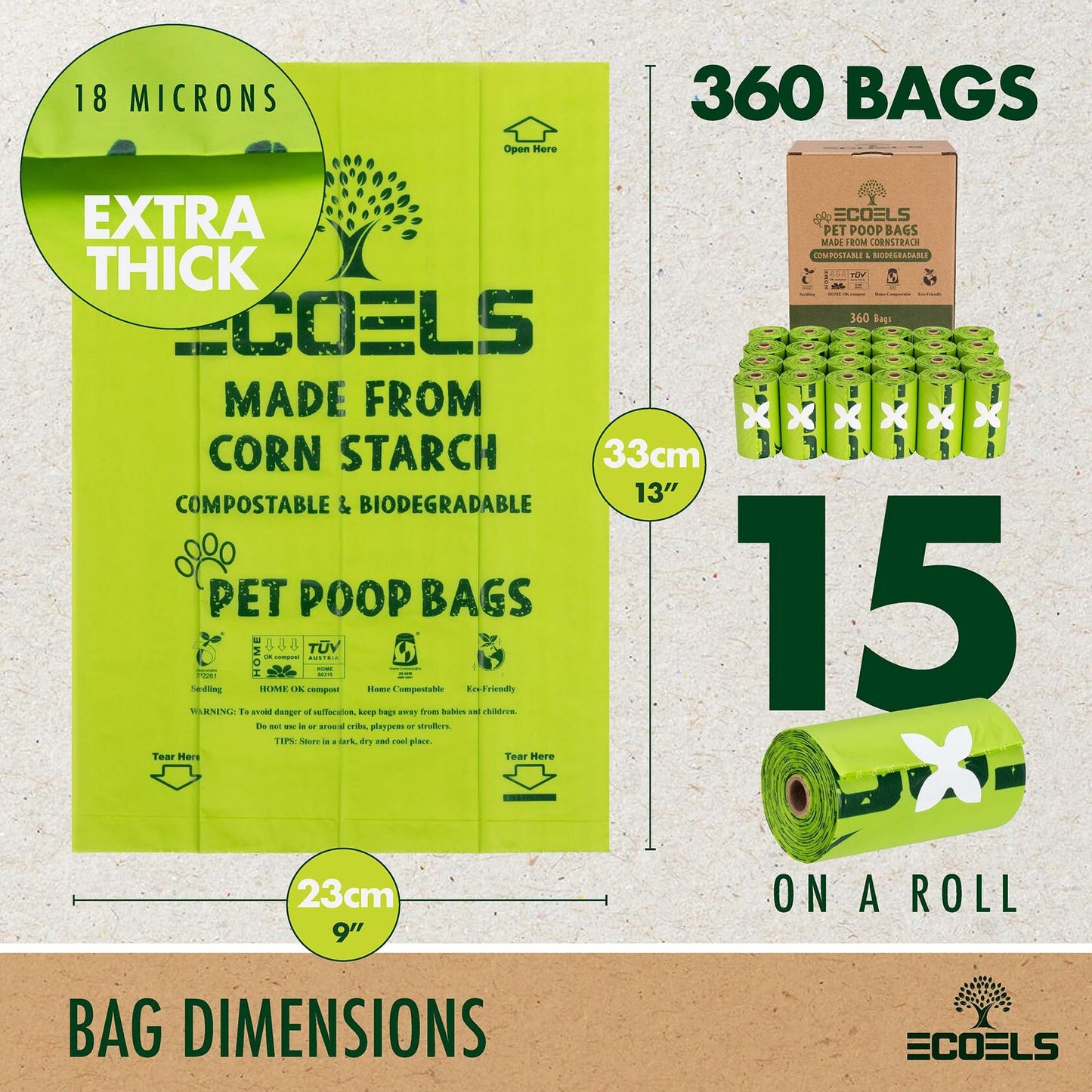 ECOELS Compostable Dog Poop Bags Extra Large Strong Leakproof Unscented 100ct