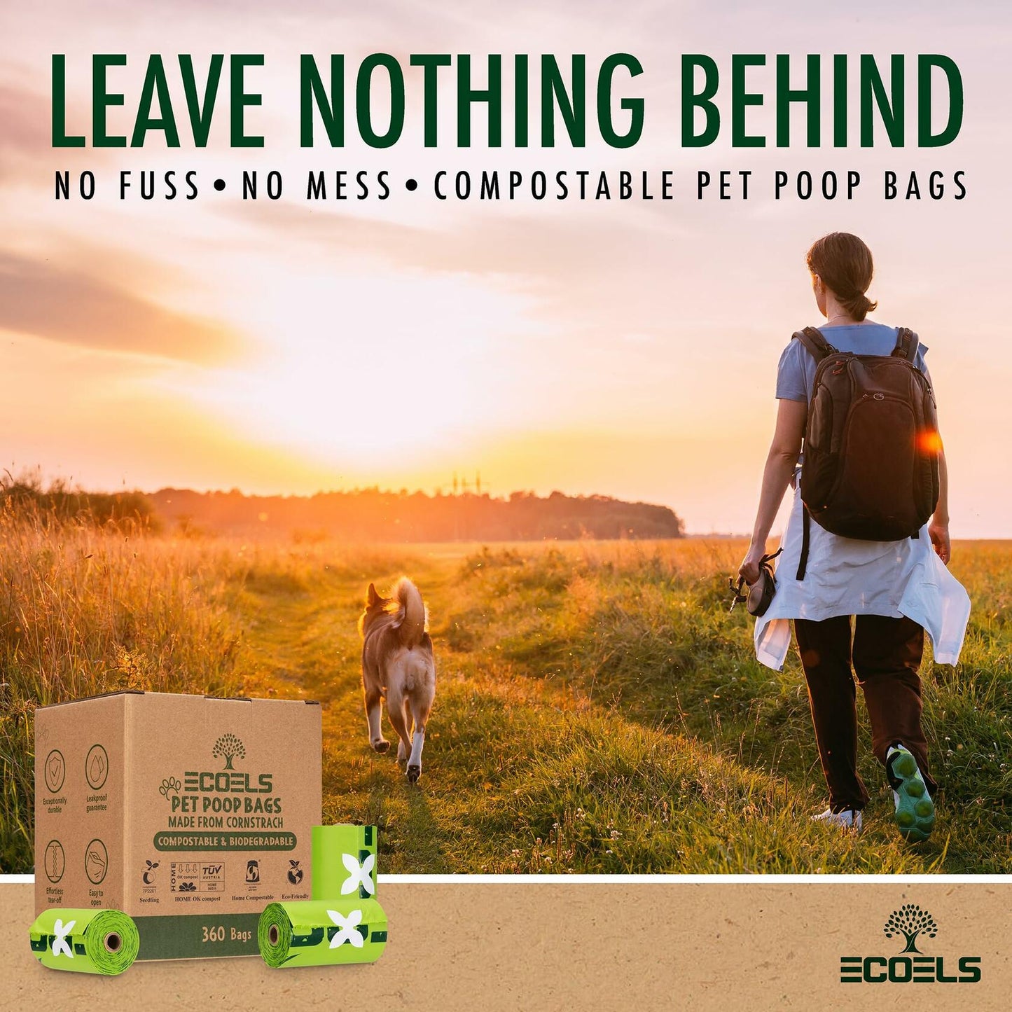 ECOELS Compostable Dog Poop Bags Extra Large Strong Leakproof Unscented 100ct