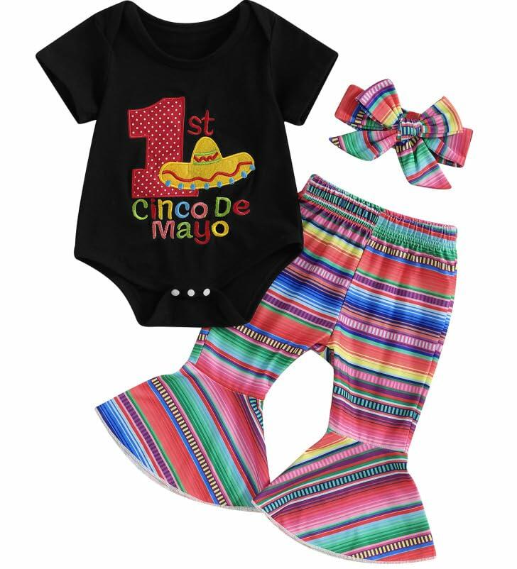 Noubeau Baby Girl Cinco De Mayo Embroidery Romper Flare Pant Headband 3-6M
