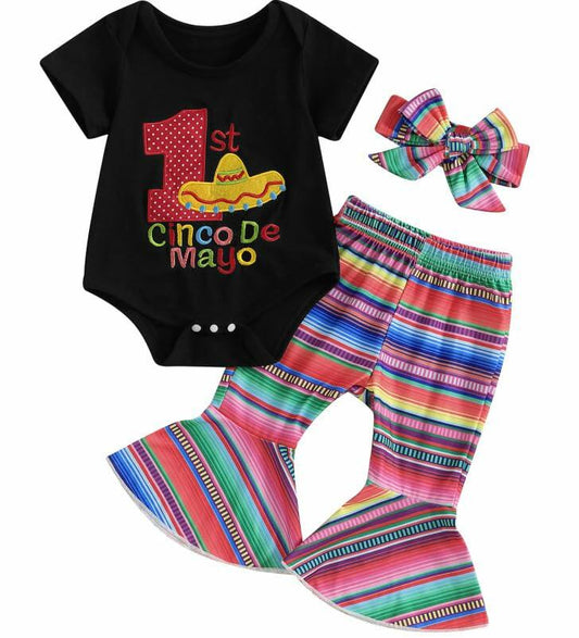 Noubeau Baby Girl Cinco De Mayo Embroidery Romper Flare Pant Headband 3-6M