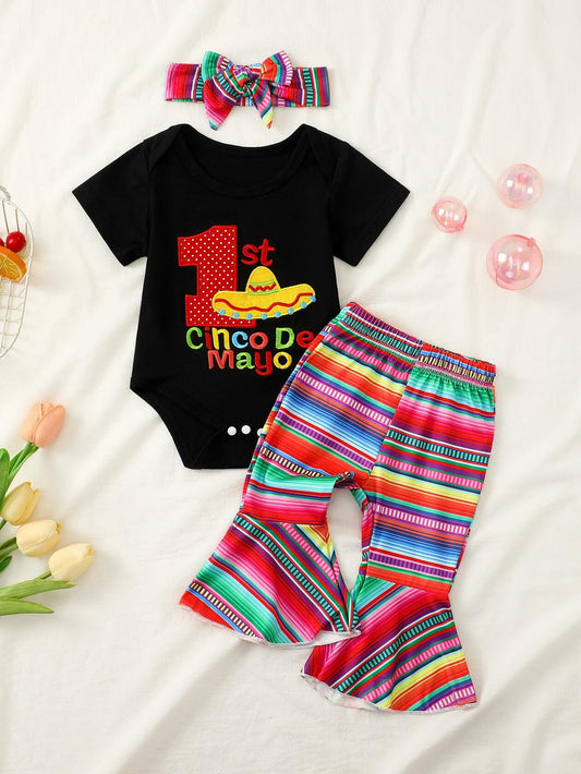 Noubeau Baby Girl Cinco De Mayo Embroidery Romper Flare Pant Headband 3-6M