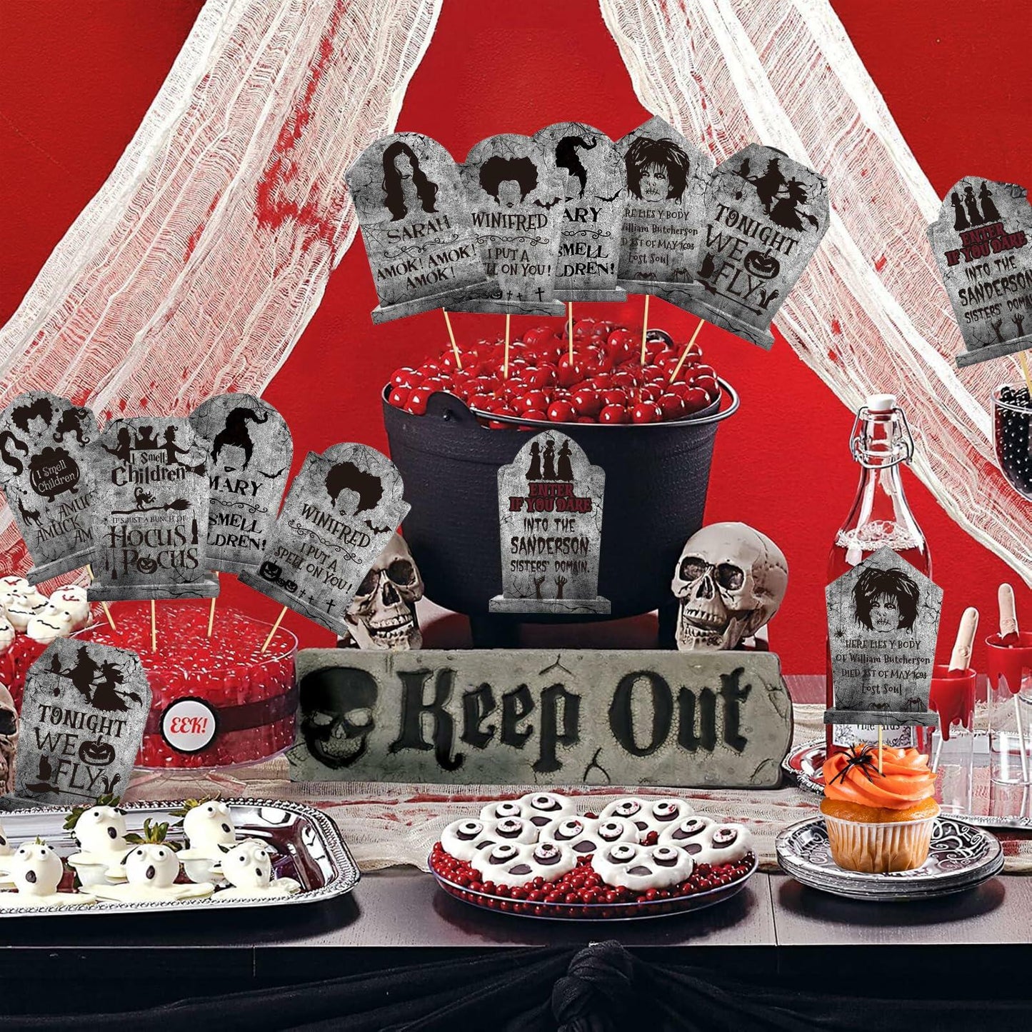 LeeSky 32Pcs Halloween Gravestone Cupcake Toppers Orange Black Purple Paper