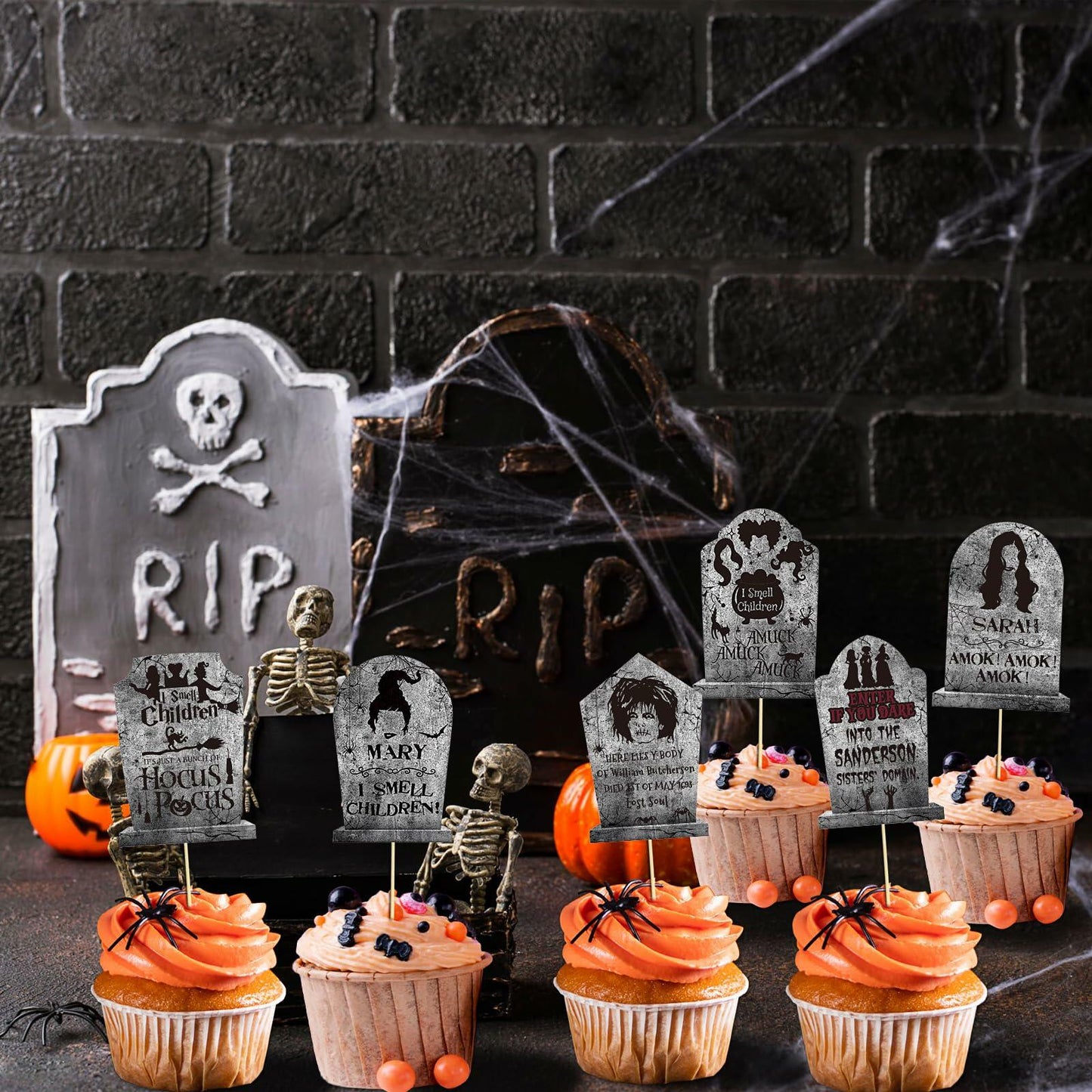 LeeSky 32Pcs Halloween Gravestone Cupcake Toppers Orange Black Purple Paper