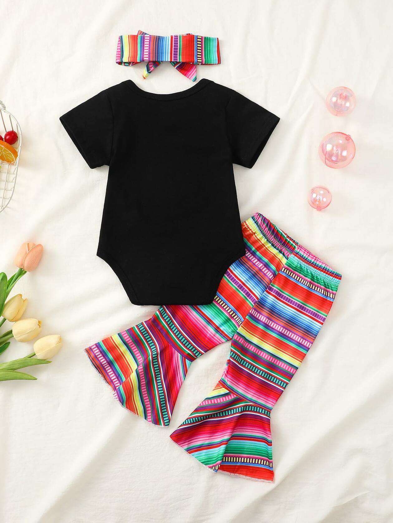 Noubeau Baby Girl Cinco De Mayo Embroidery Romper Flare Pant Headband 3-6M