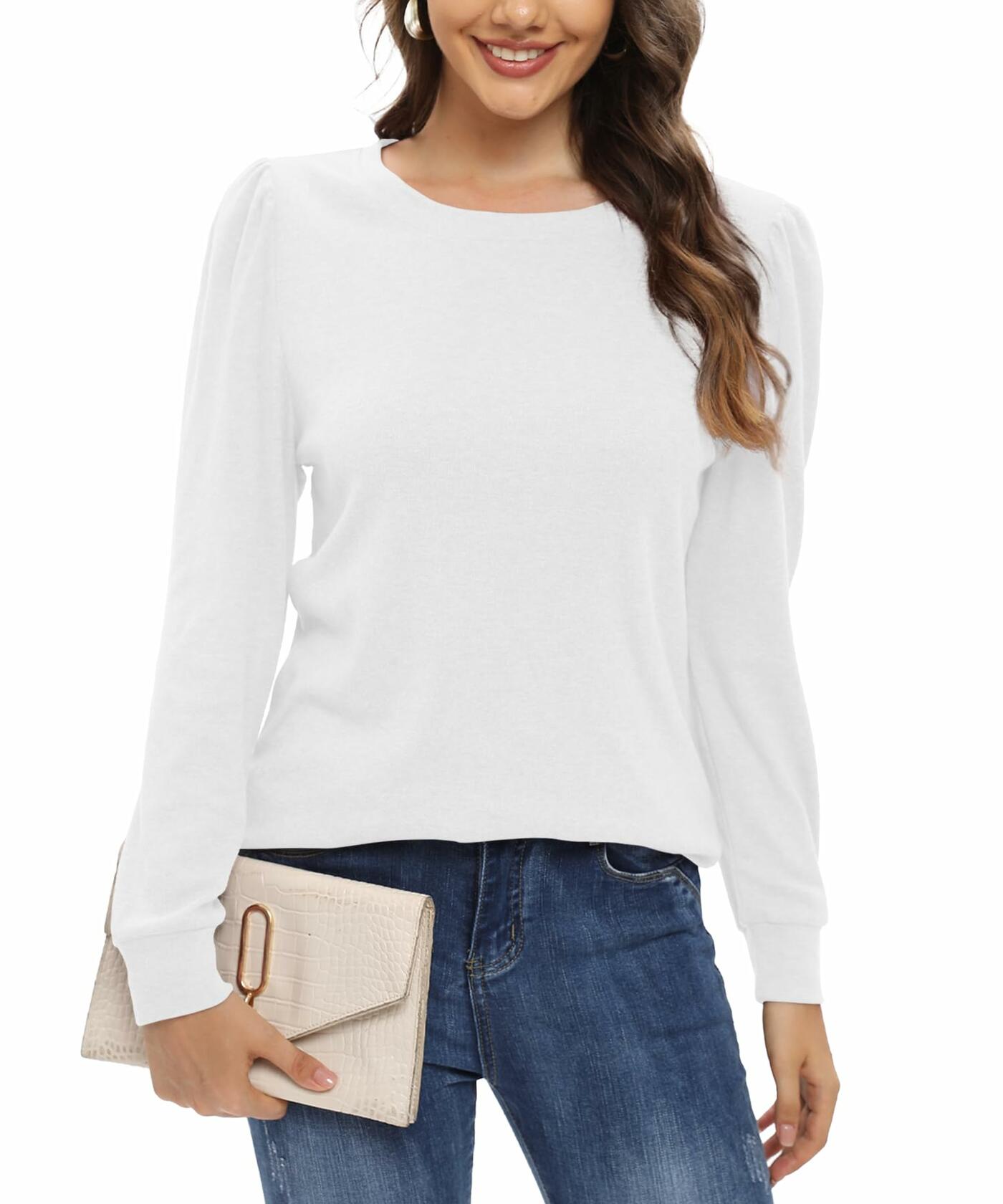 NILOUFO Women Long Sleeve Casual Tops Blouses Tunics Blue Size M