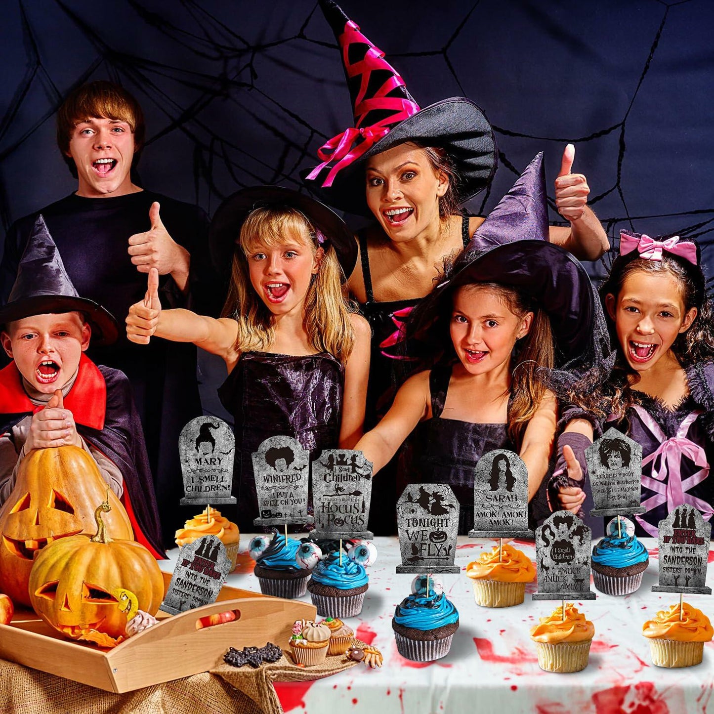 LeeSky 32Pcs Halloween Gravestone Cupcake Toppers Orange Black Purple Paper