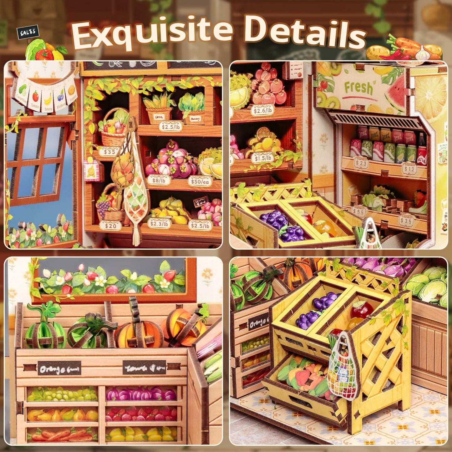 Cutefun Book Nook Kit DIY Mini Fruit & Vegetable Store LED Greens’ Grocery
