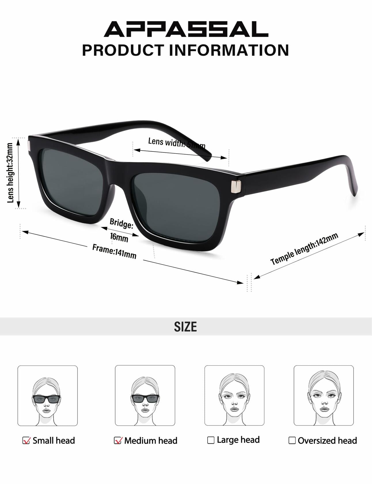 Appassal Retro Rectangular Sunglasses Unisex Black/Dark Gray AP3752 Open Box
