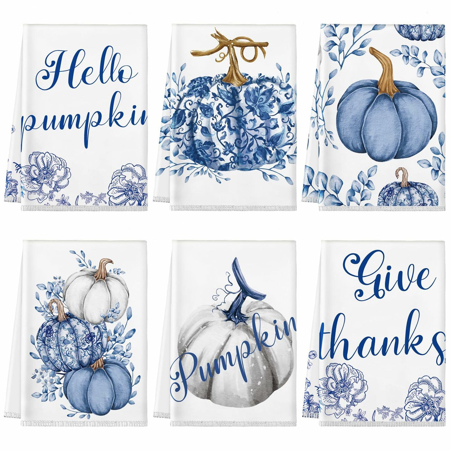 Kinlop 6 Pcs Fall Thanksgiving Blue White Pumpkin Kitchen Towels 16x26 Inch