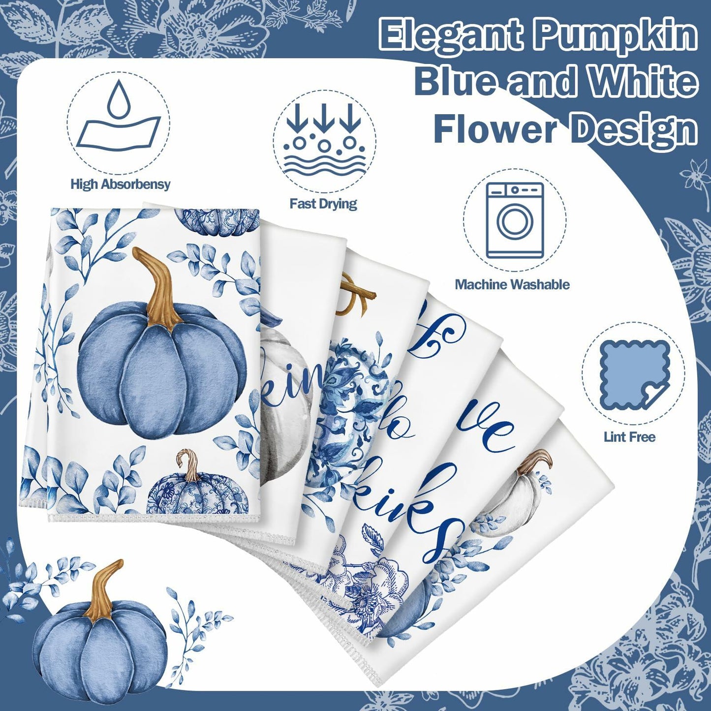 Kinlop 6 Pcs Fall Thanksgiving Blue White Pumpkin Kitchen Towels 16x26 Inch