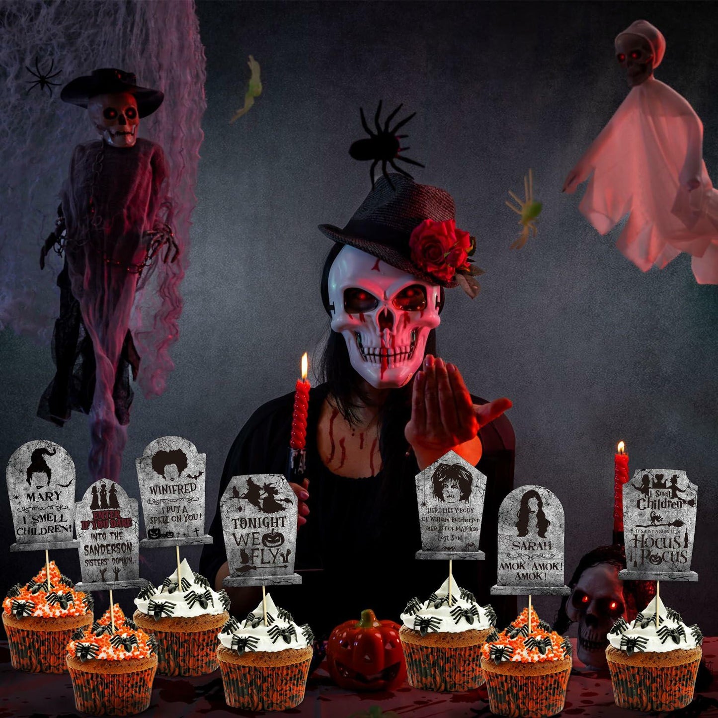LeeSky 32Pcs Halloween Gravestone Cupcake Toppers Orange Black Purple Paper