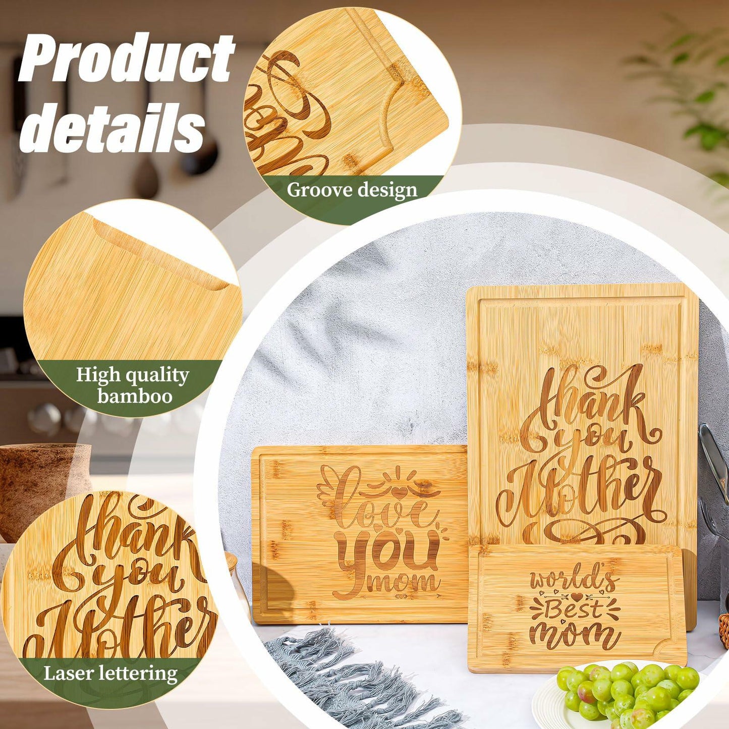 Didaey Bamboo Wood Cutting Board Gift Set for Mom Grandma 3 Pieces