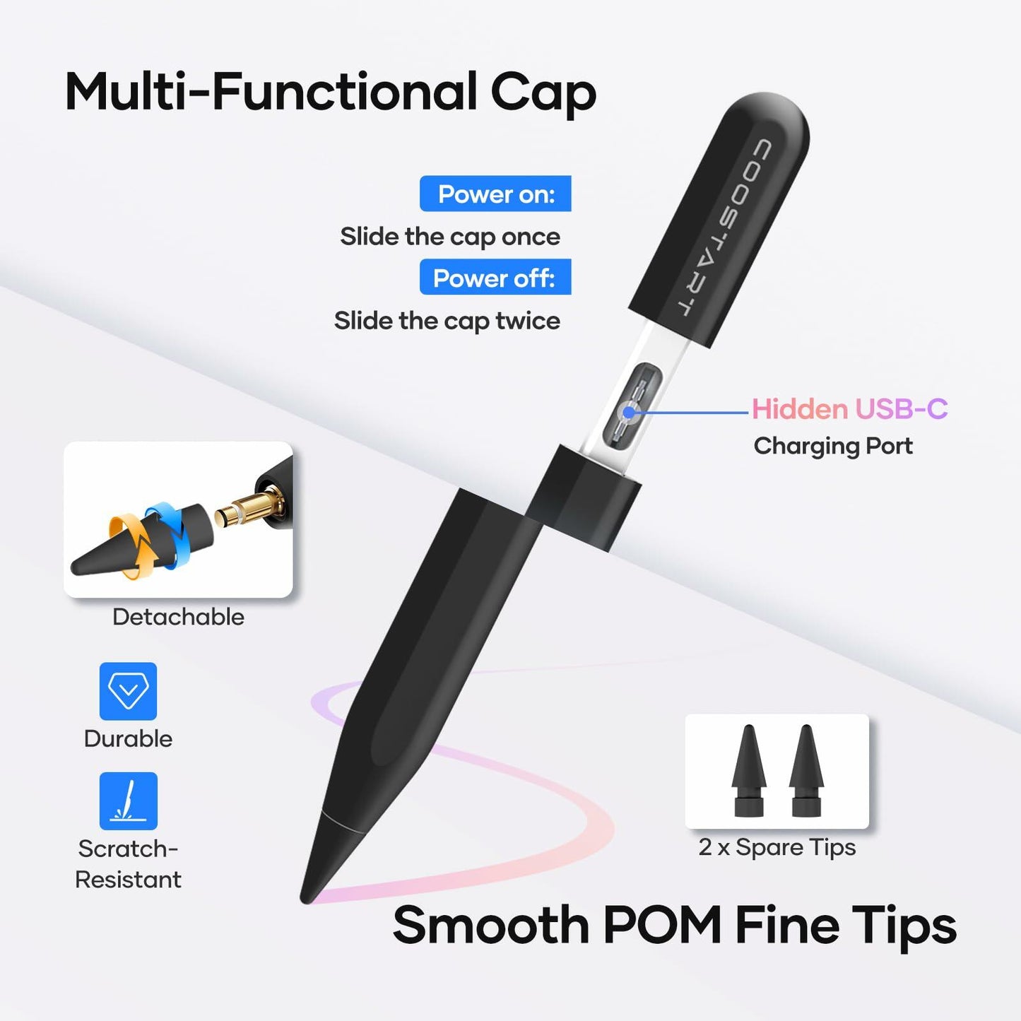 COOSTART Stylus Pen for iPad 9th&10th Gen, 5 Min Fast Charge, Black