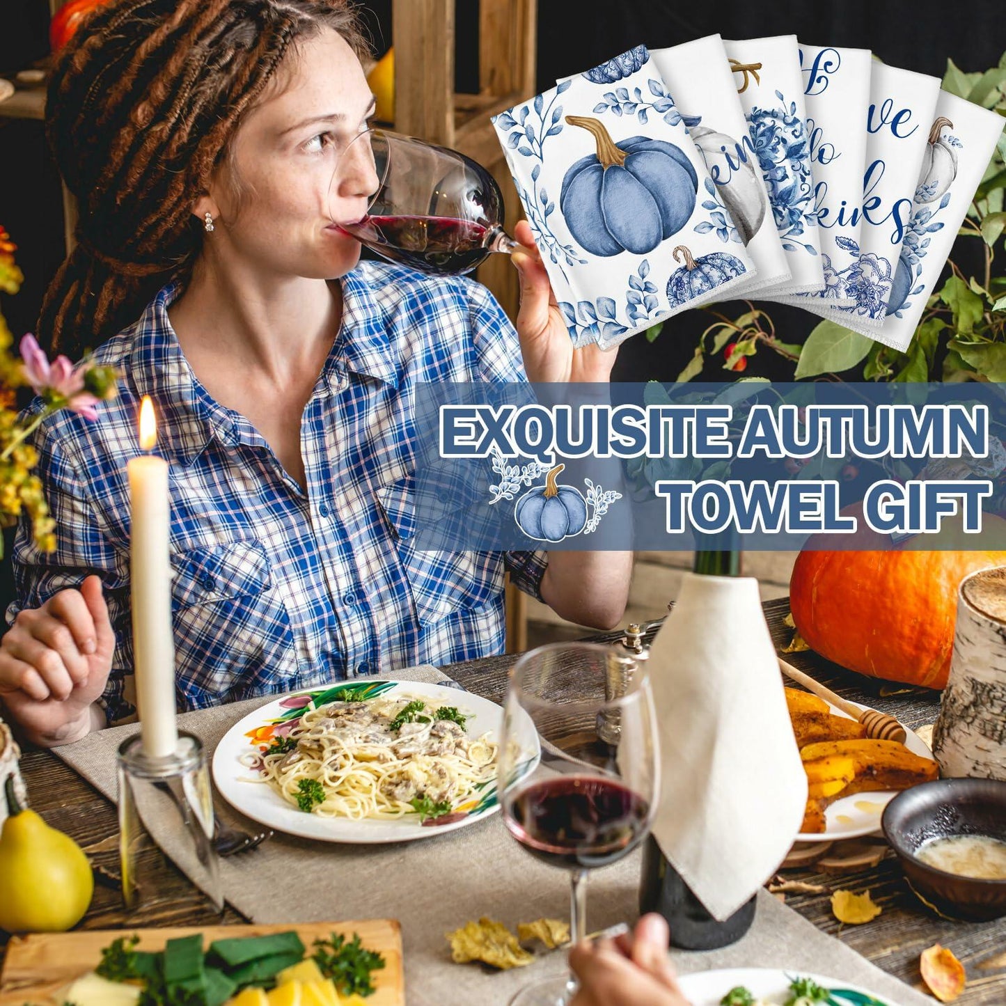 Kinlop 6 Pcs Fall Thanksgiving Blue White Pumpkin Kitchen Towels 16x26 Inch