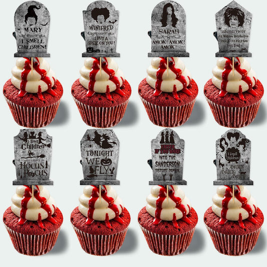 LeeSky 32Pcs Halloween Gravestone Cupcake Toppers Orange Black Purple Paper