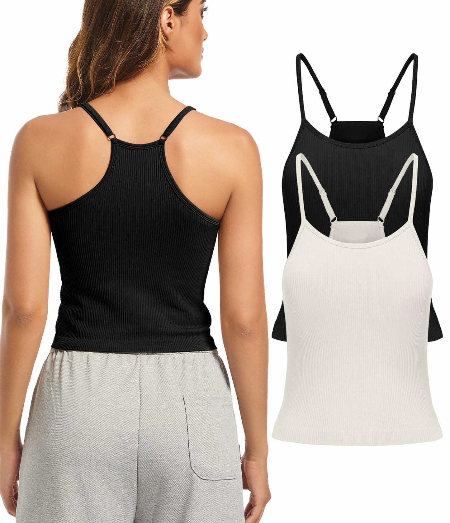 OVESPORT 2Pack Workout Tank Tops Women Built-in Bras Seamless Black+White  XL