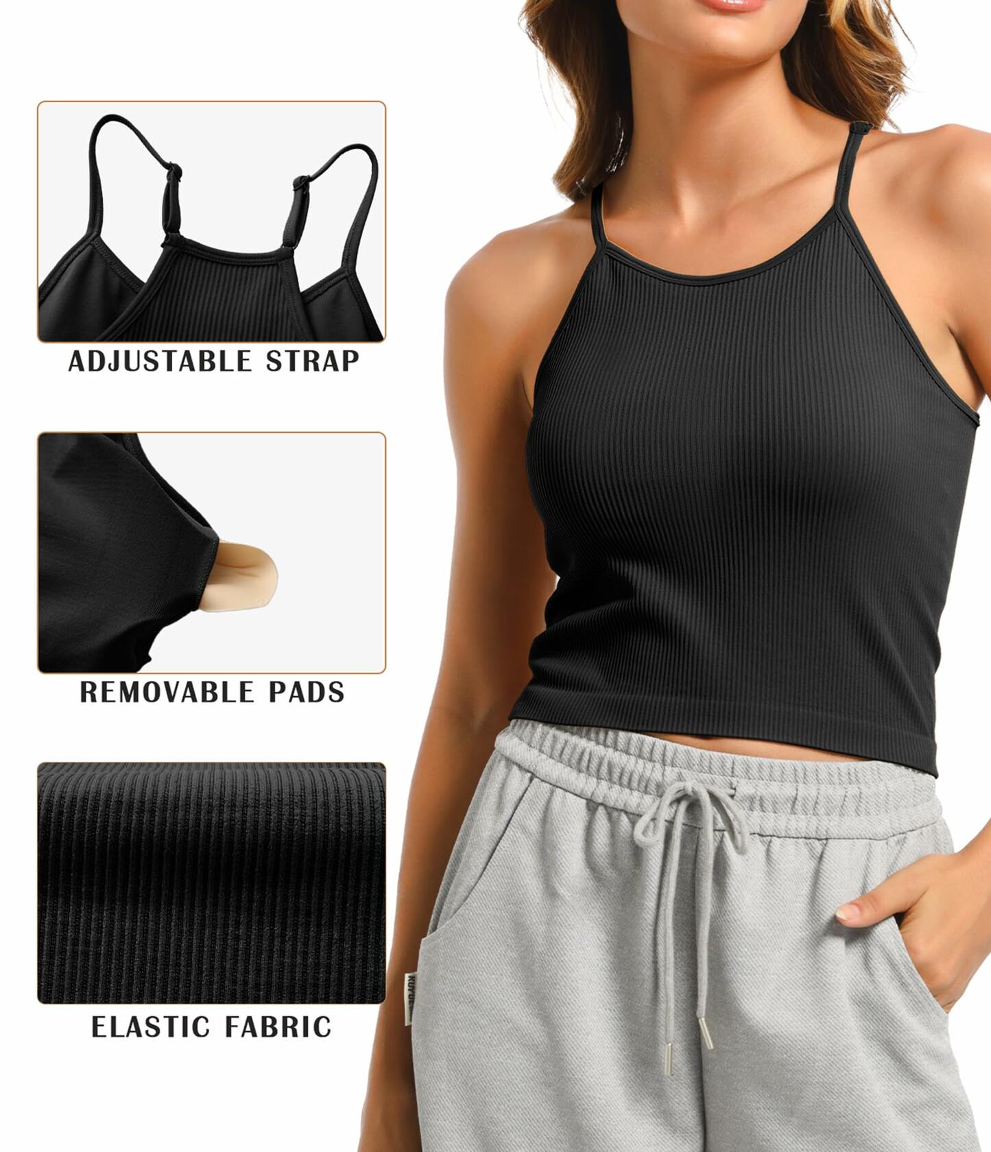 OVESPORT 2Pack Workout Tank Tops Women Built-in Bras Seamless Black+White  XL