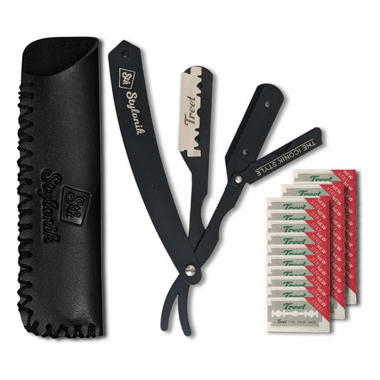 Stylonik Barber Razor Straight Edge 10 Stainless Steel Blades Silver Matt