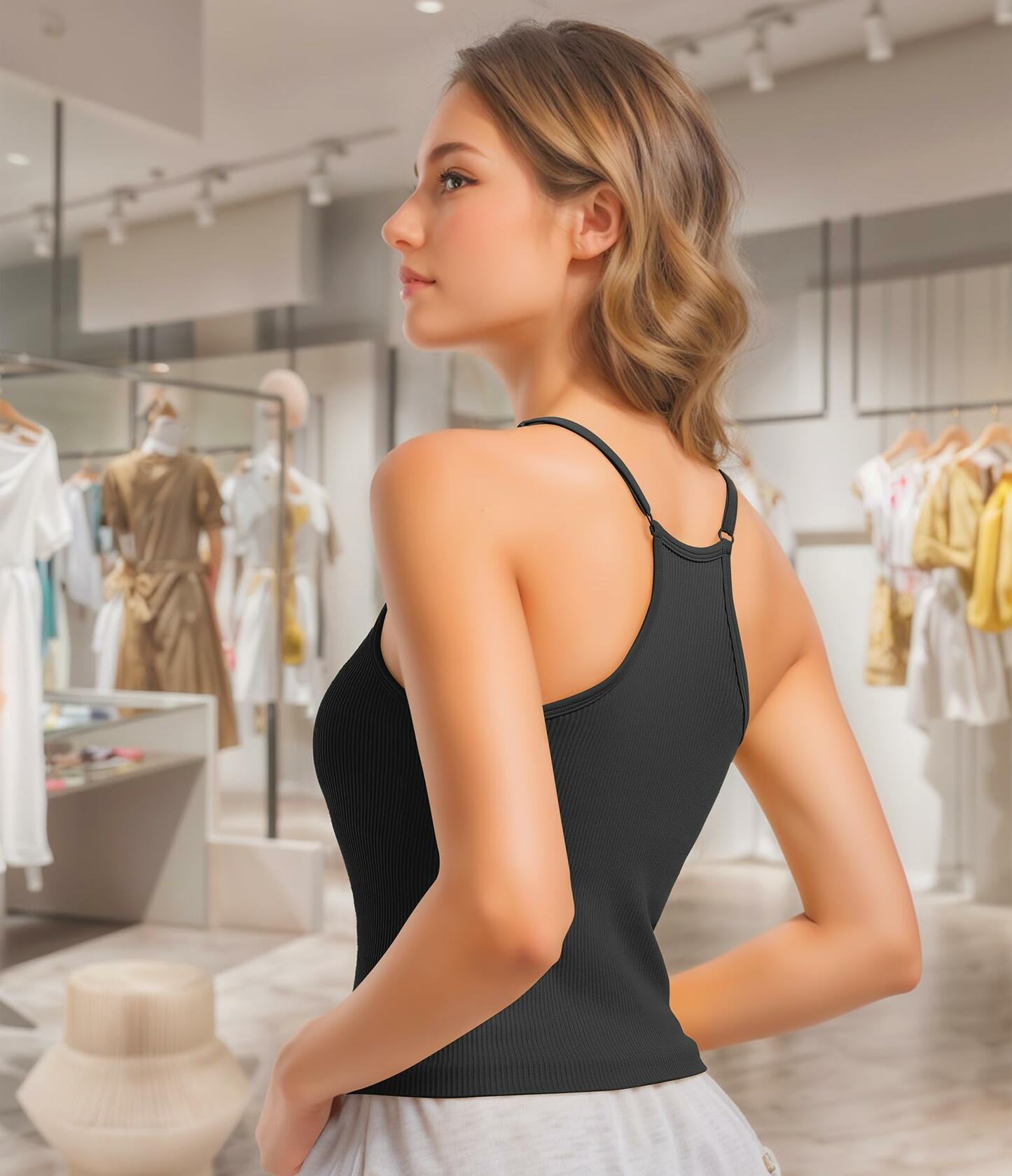 OVESPORT 2Pack Workout Tank Tops Women Built-in Bras Seamless Black+White  XL