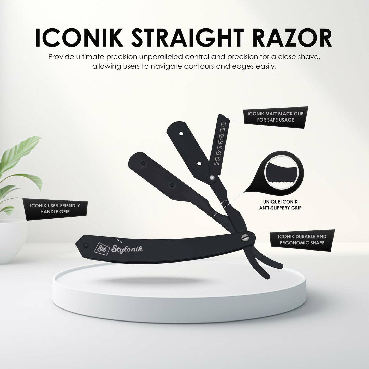 Stylonik Barber Razor Straight Edge 10 Stainless Steel Blades Silver Matt