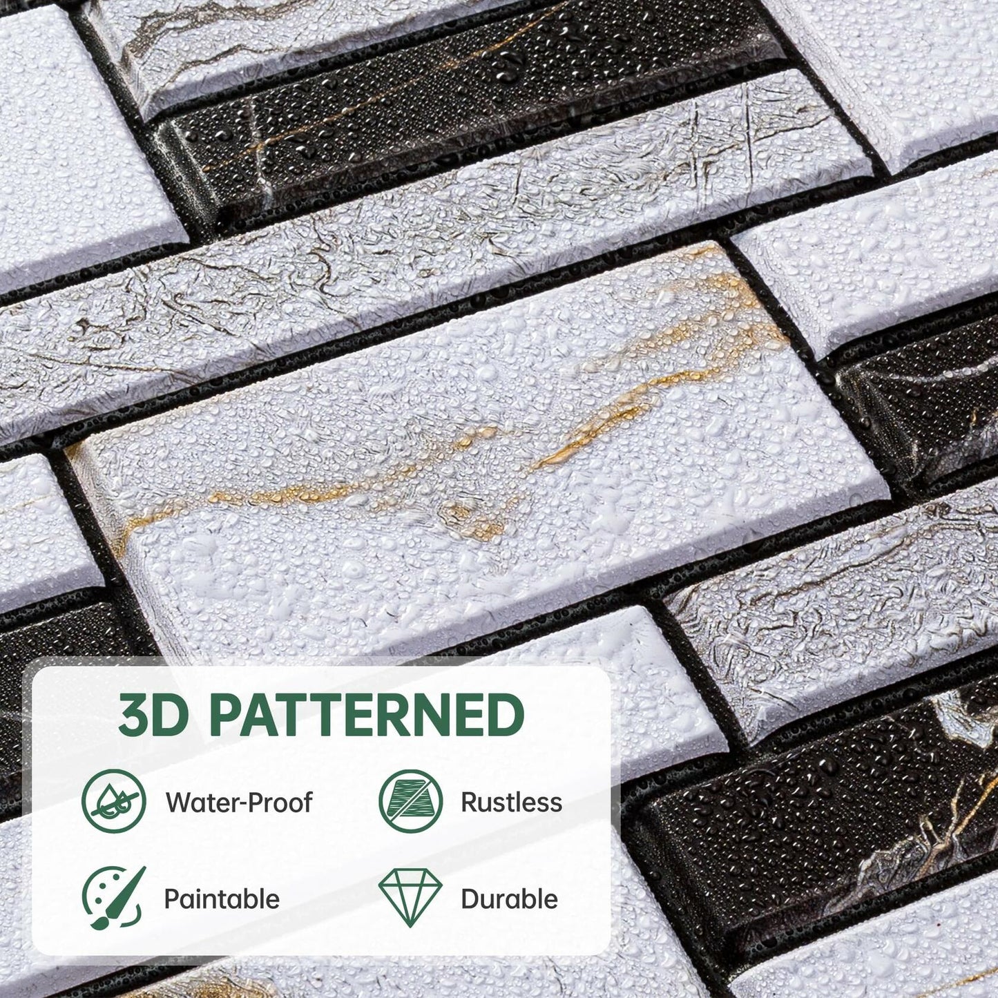 VallisCo 3D Faux Brick Wall Panel 12x12 Black White Marble 20 Pcs PVC