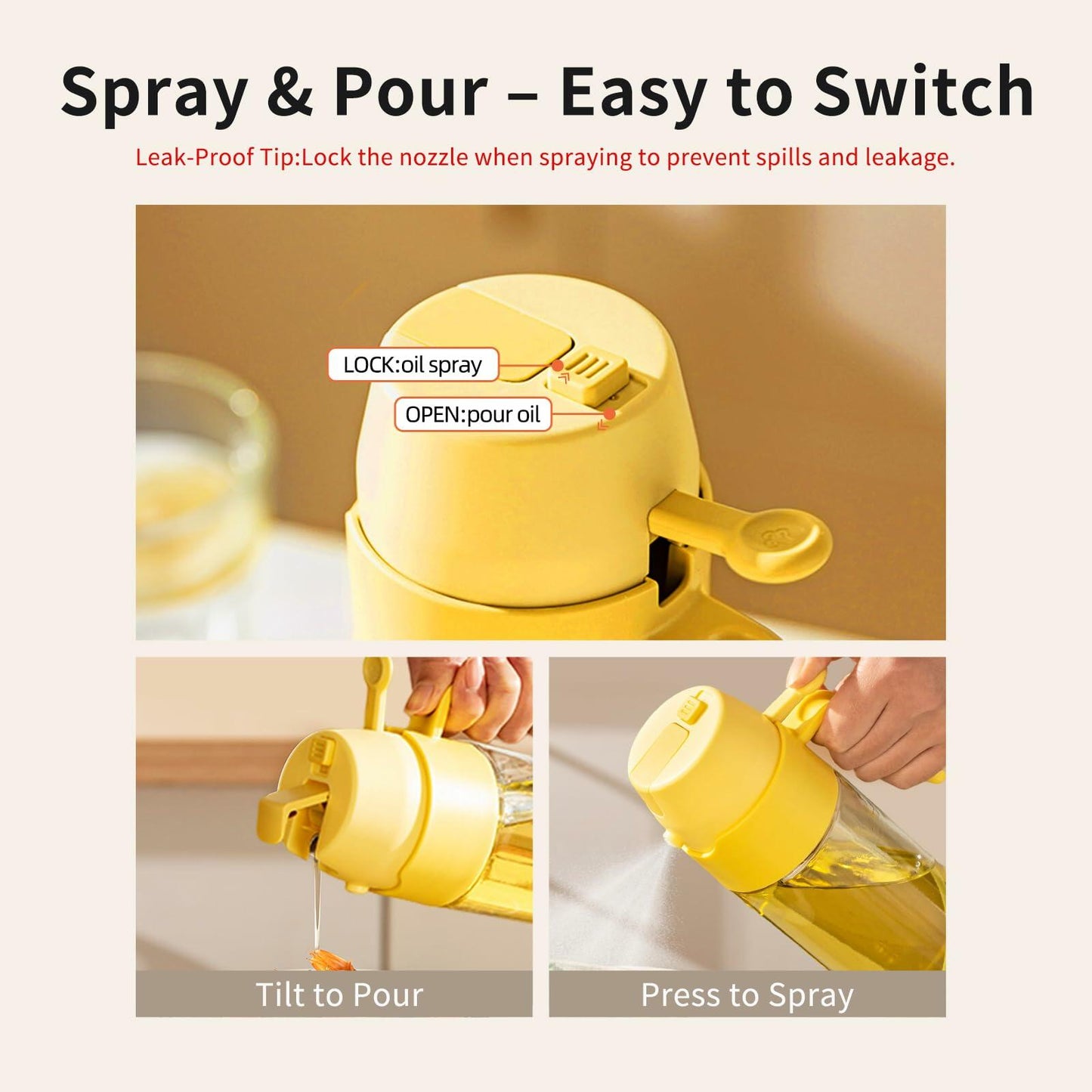 MDZF SWEET HOME Oil Sprayer 18.6oz 2-in-1 Olive Oil Dispenser Bottle Yellow