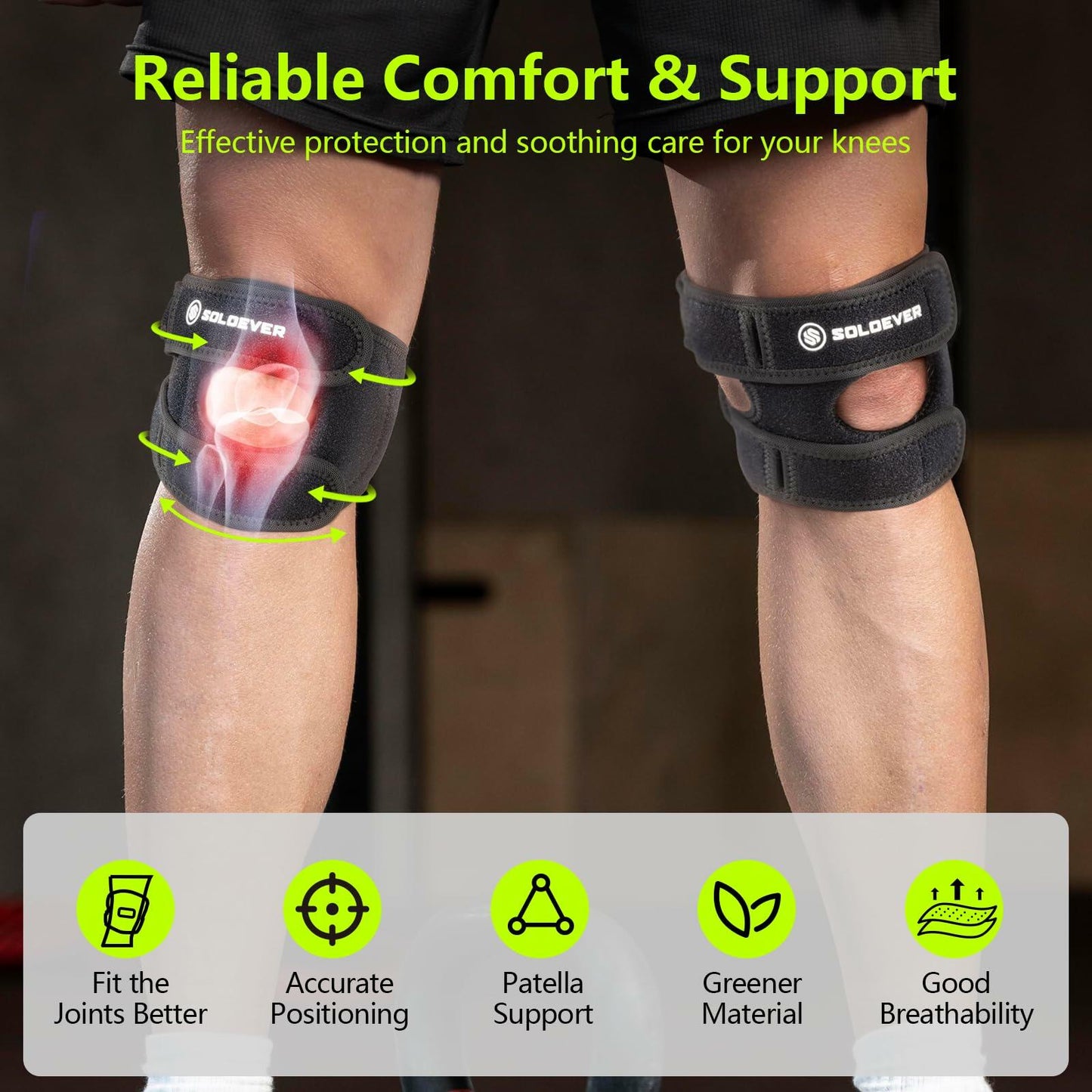 SOLOEVER Patella Knee Brace Dual Support Strap Gel Pad Adjustable Black
