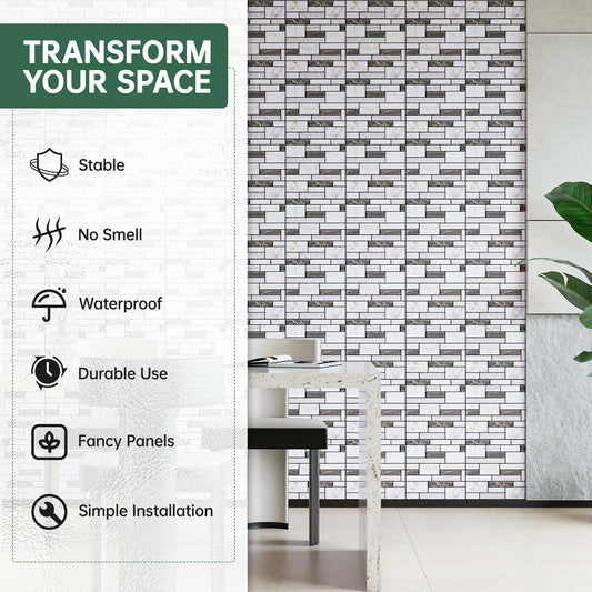 VallisCo 3D Faux Brick Wall Panel 12x12 Black White Marble 20 Pcs PVC