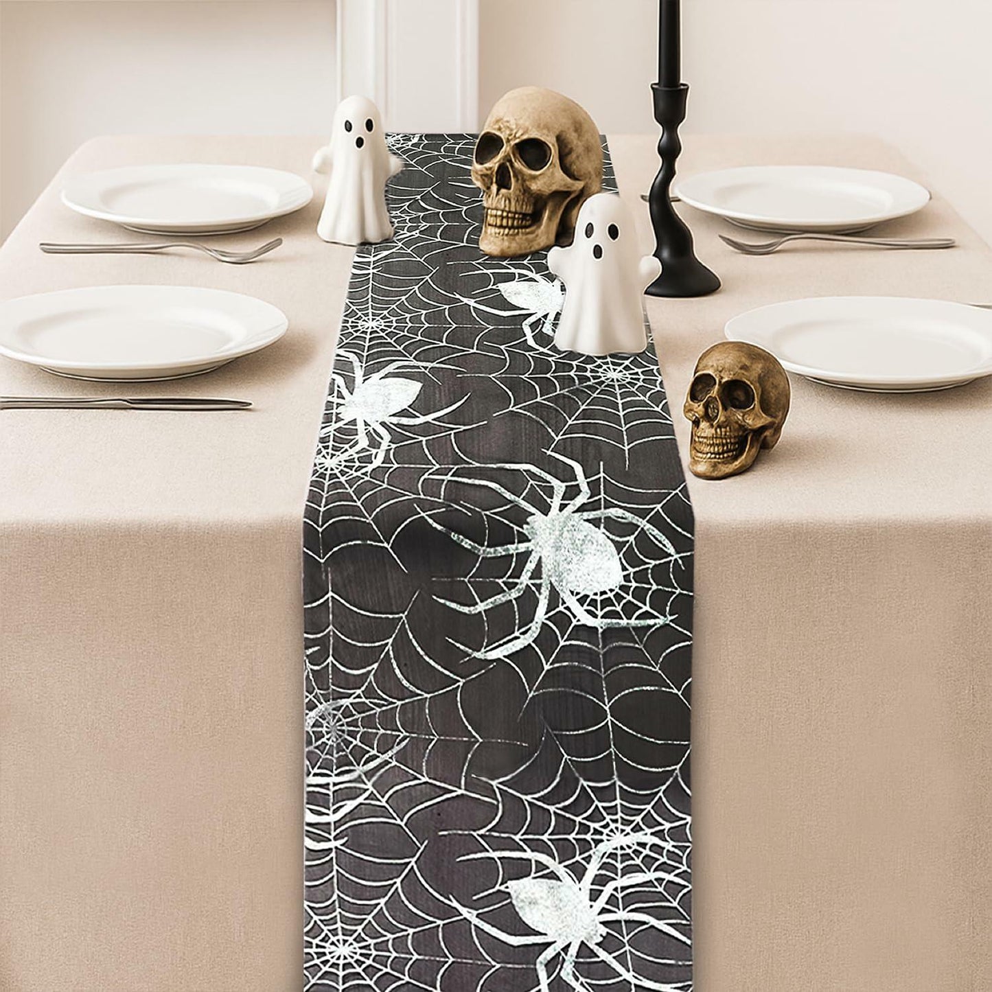 Sioloc Halloween Table Runner Silver Spider Web 13x72 Inch Black Polyester
