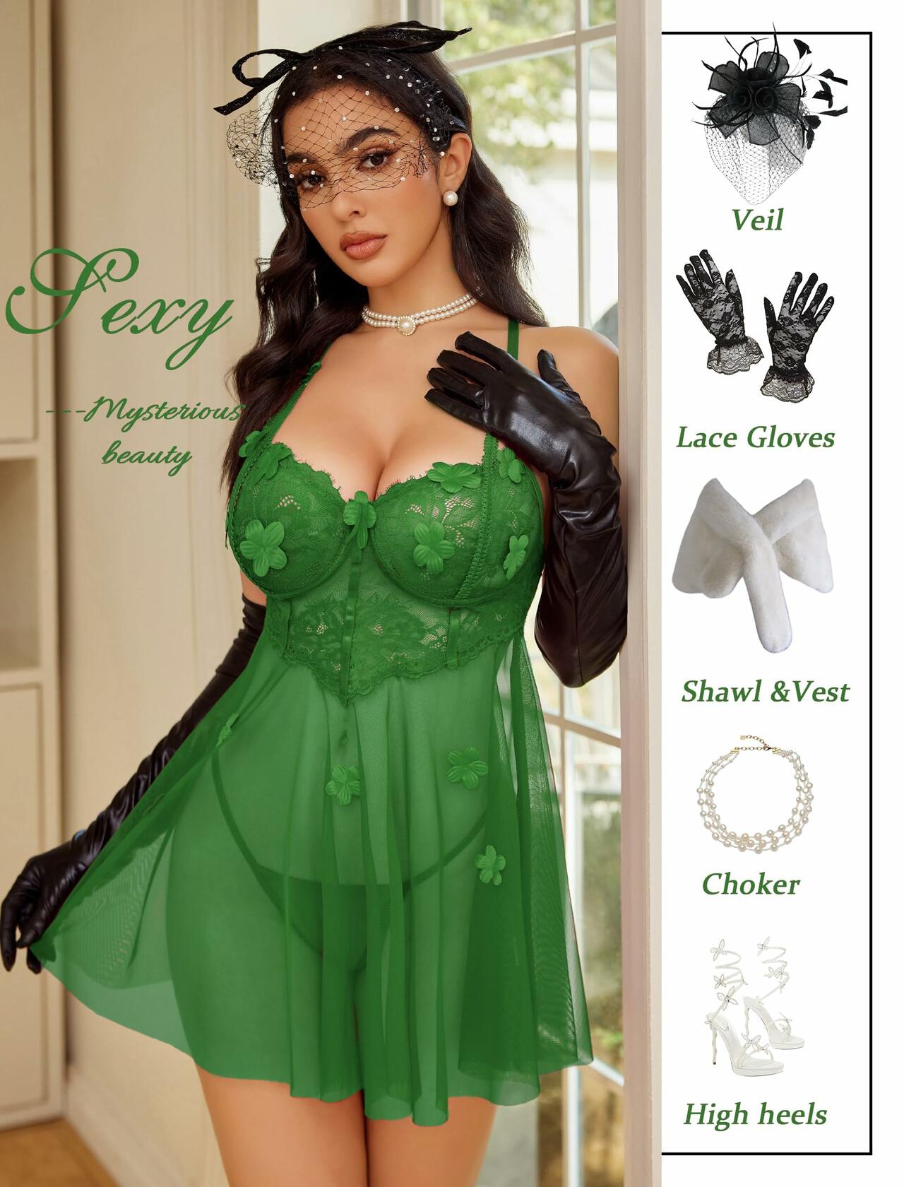 Avidlove Women's Lace Mesh Babydoll Chemise Lingerie Green Size S