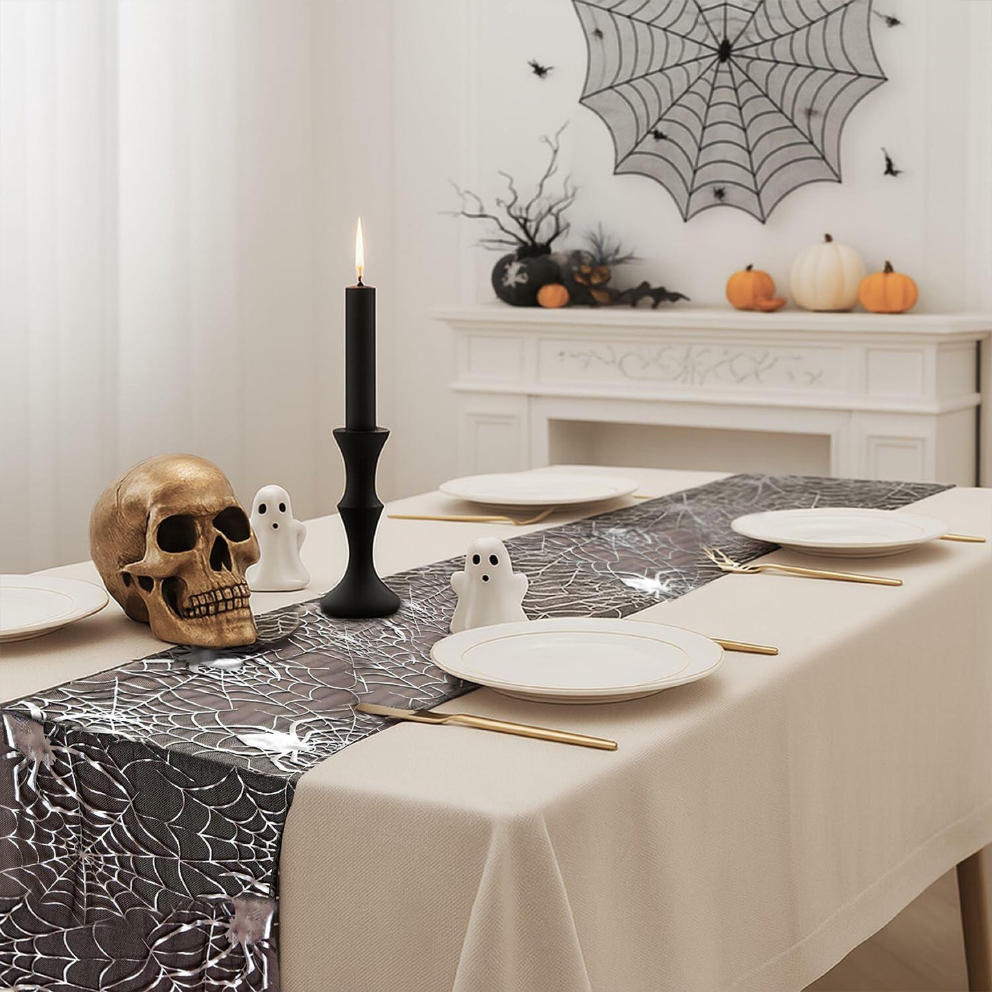 Sioloc Halloween Table Runner Silver Spider Web 13x72 Inch Black Polyester