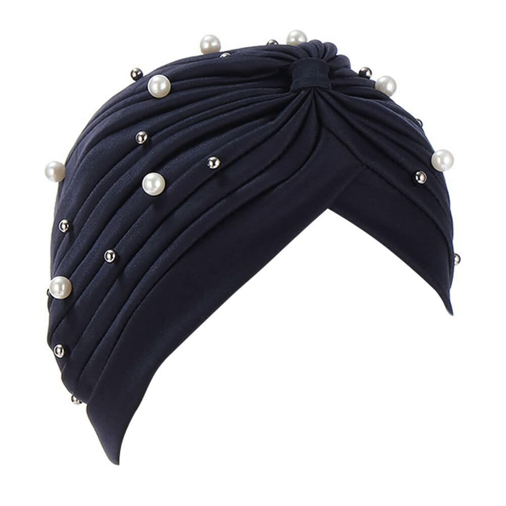 Fxhixiy Turban Hat Women Beaded Pre Tied Knot Chemo Headwrap Navy