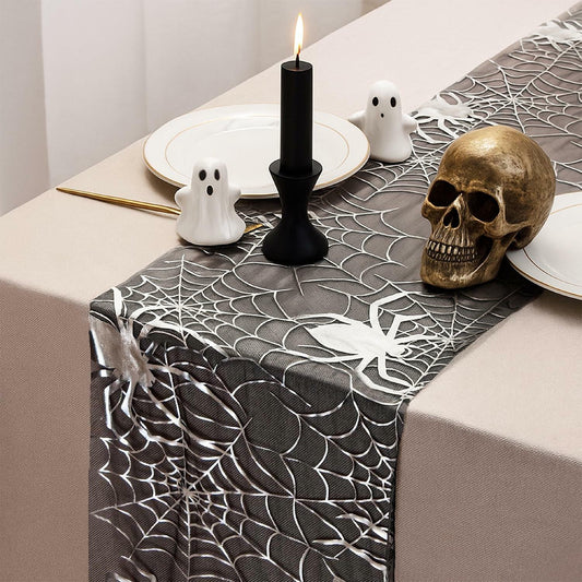 Sioloc Halloween Table Runner Silver Spider Web 13x72 Inch Black Polyester