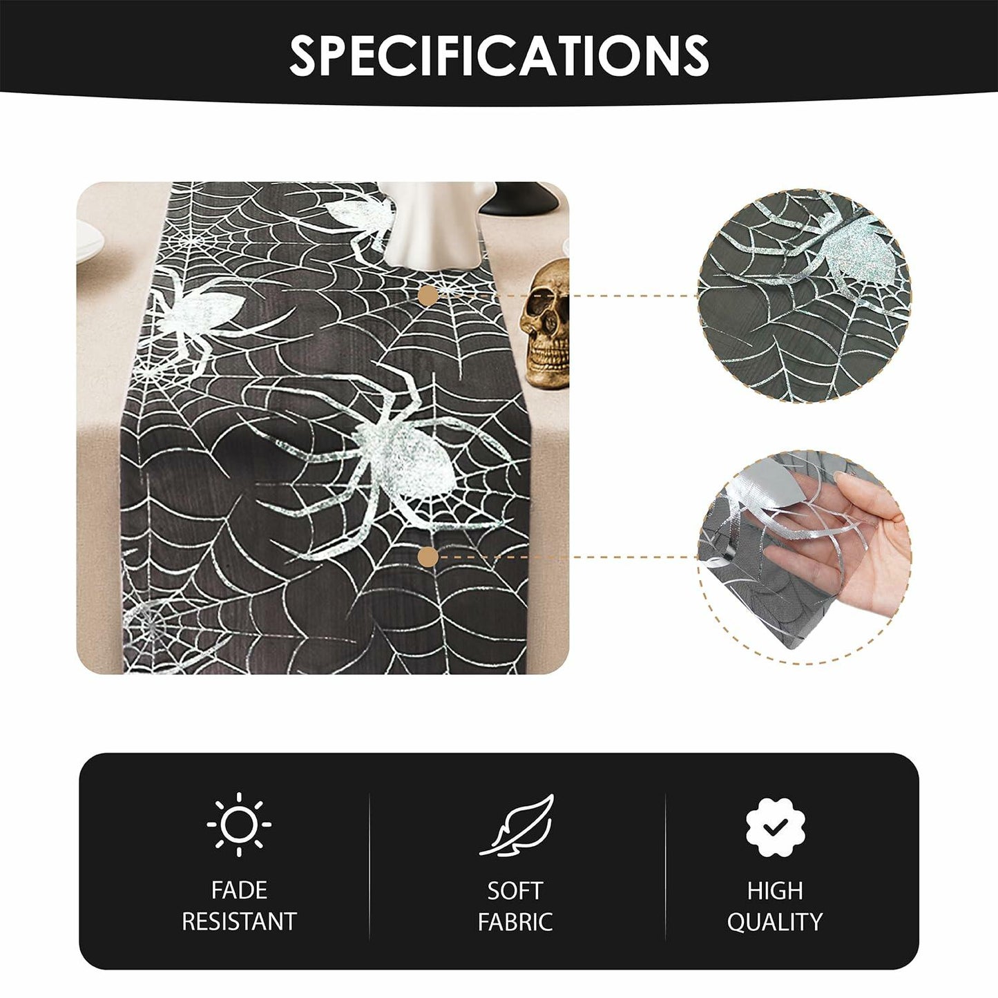 Sioloc Halloween Table Runner Silver Spider Web 13x72 Inch Black Polyester