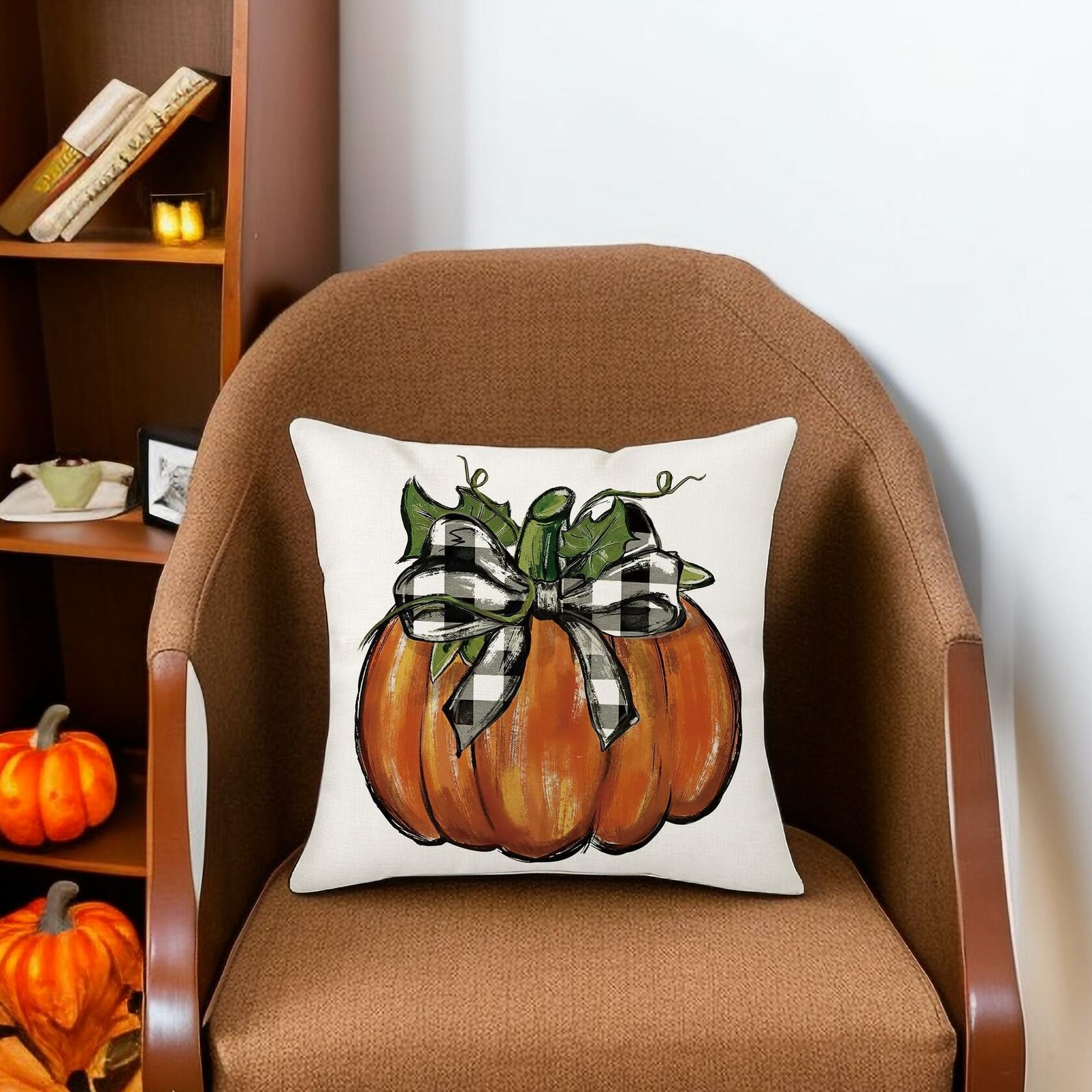 Aitukang Fall Pillow Covers 20x20 Inch Pumpkin Buffalo Plaid Set of 2
