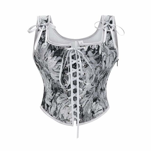 Moonight Floral Lace Up Overbust Corset Vest Renaissance Grey Size S
