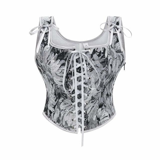 Moonight Floral Lace Up Overbust Corset Vest Renaissance Grey Size S