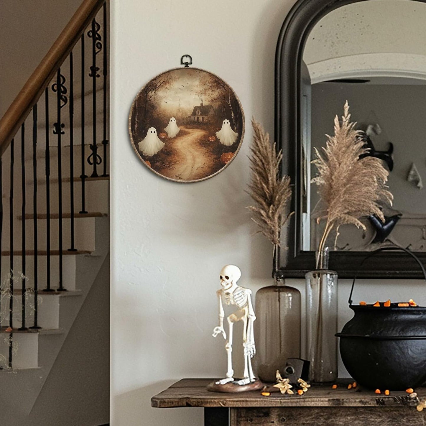 Yorhifa Vintage Ghost Pumpkin Halloween Framed Wall Art Canvas 10x10in