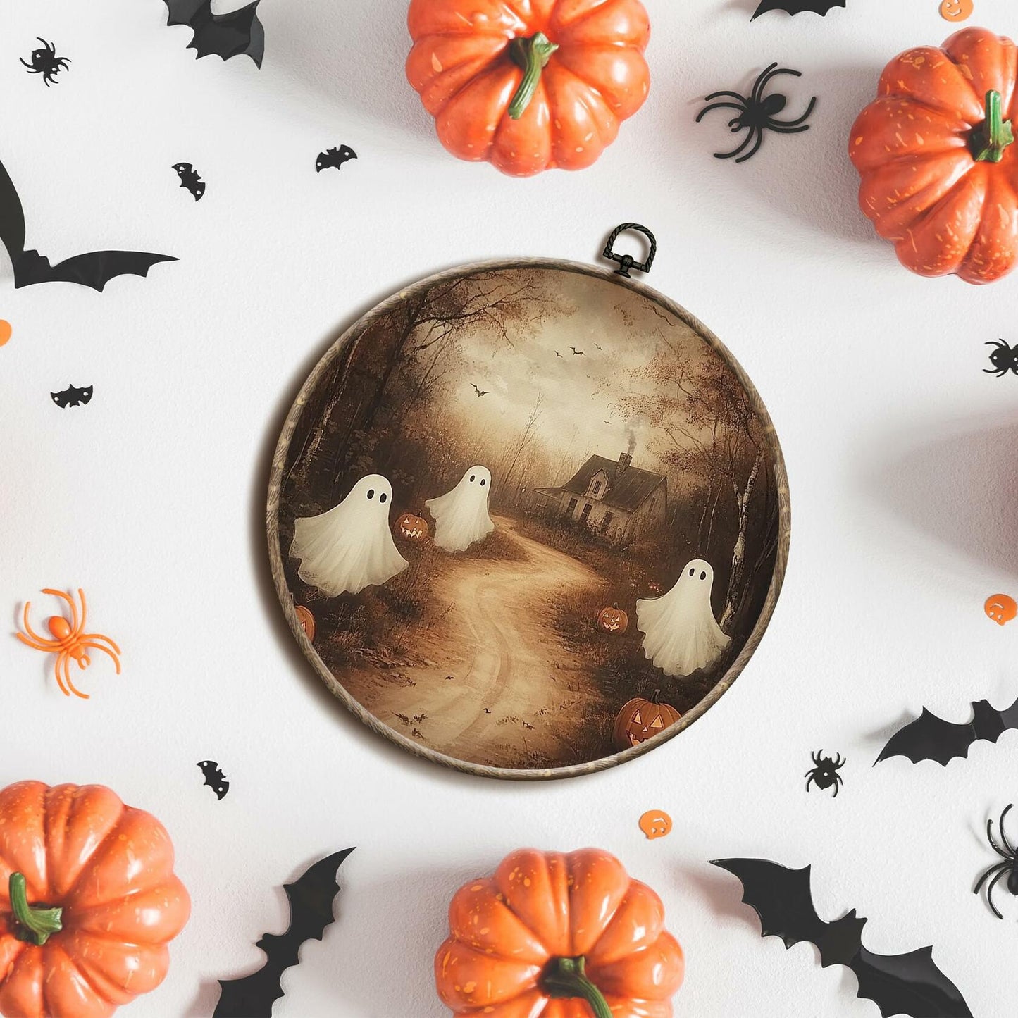 Yorhifa Vintage Ghost Pumpkin Halloween Framed Wall Art Canvas 10x10in