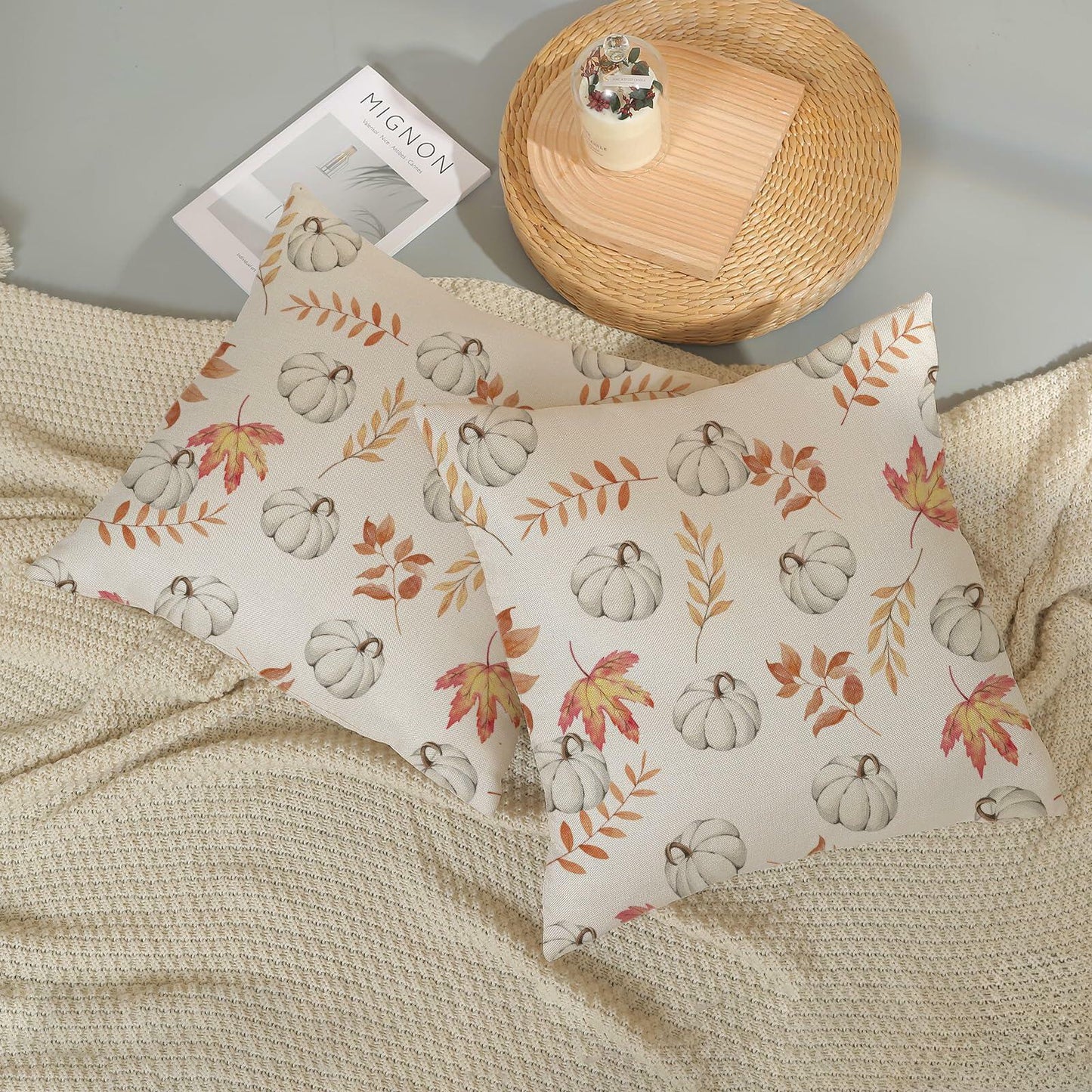 OFIRD Fall Decor Pillow Covers 20x20 White Pumpkin Maple Leaves Pack of 2