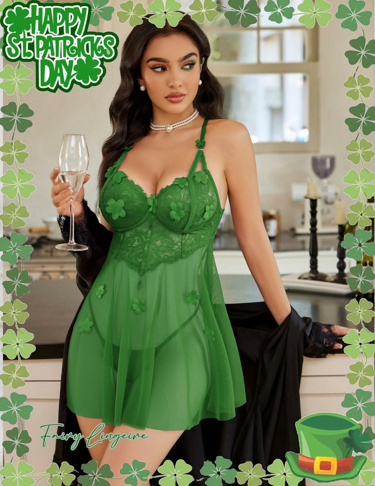 Avidlove Women's Lace Mesh Babydoll Chemise Lingerie Green Size S