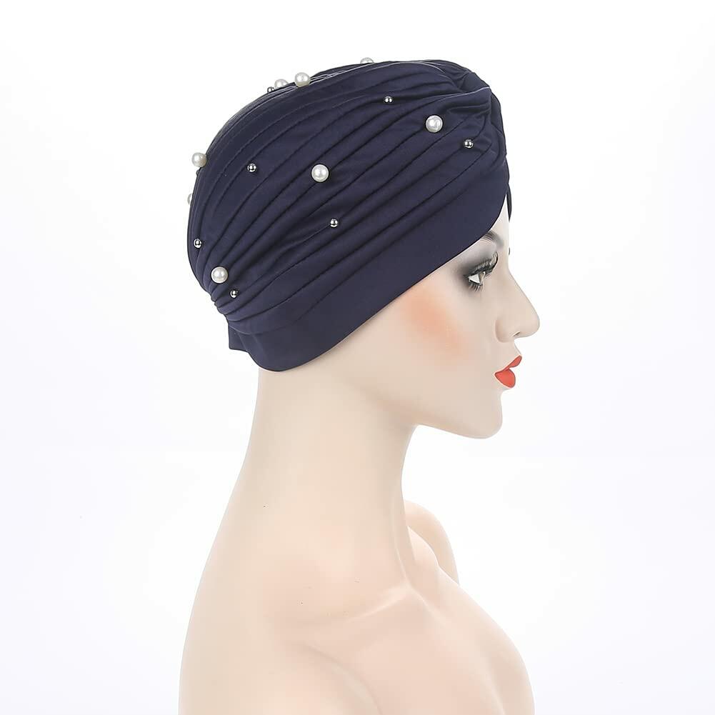 Fxhixiy Turban Hat Women Beaded Pre Tied Knot Chemo Headwrap Navy